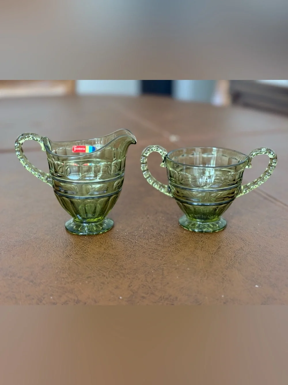 Vintage Fostoria Hermitage green glass Creamer and Sugar Set w sticker EUC